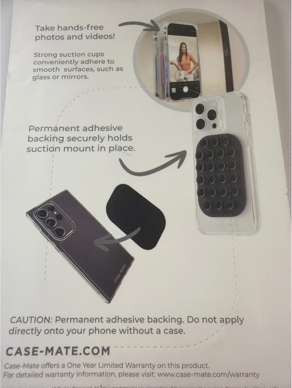 Case-Mate Suction Phone Mount Grip with Permanent Adhesive Backing Black NEW